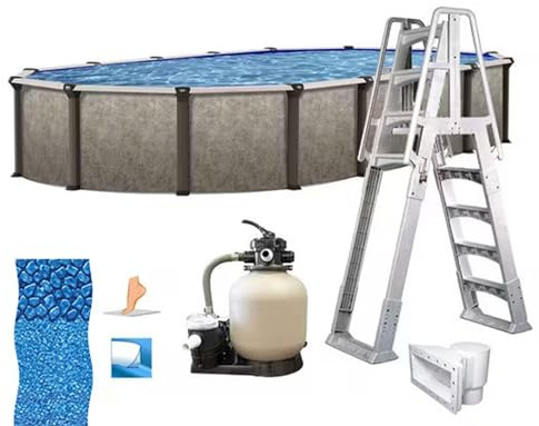 In The Swim 12' x 18' Oval Above Ground Swimming Pool - Epic Package - Featuring: Sand Filter, Pump System and A-Frame Ladder