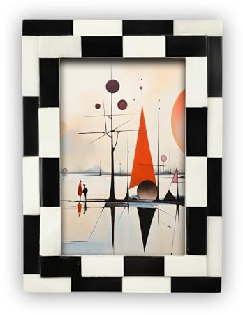 Handicrafts Home 4x6 Black & White Picture Frame â Handmade Bone Inlay Photo Frame from Silhouette Shuffled Collection, Checkered Geometric Design, Frame for Wall & Tabletop, Boho Home Decor & Gift