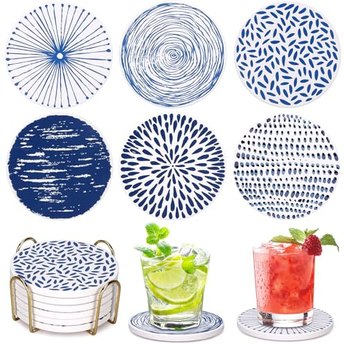 Dksyee Absorbent Coasters Set of 6 Round Ceramic Coasters for Drinks Modern Blue Boho Coaster with Holder for Coffee Table Decor, Outdoor, Desk