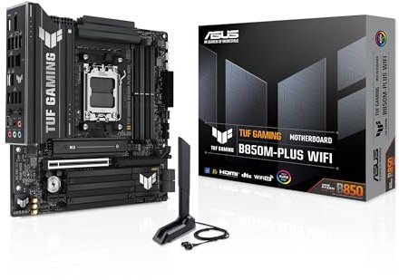 ASUS TUF Gaming B850M-PLUS WiFi AMD AM5 B850 mATX Motherboard, 14+2+1 80A DrMOS Stages, DDR5, PCIe 5.0, 3X M.2, Wi-Fi 6E, 2.5Gb LAN, DP, HDMI™, USB 10Gbps & 20Gbps Type-C®, BIOS Flashback™, Aura Sync