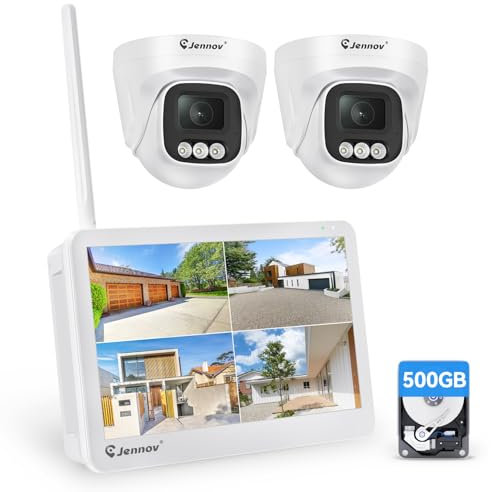 Jennov 5MP Kit Camera Surveillance WiFi avec 10 Moniteur, 10CH 5MP NVR, 2pcs 5MP Caméra IP WiFi avec Grand Angle 120°, Vision Nocturne Couleur, Détection Humaine, Enregistrements 24/7, 500 Go HDD