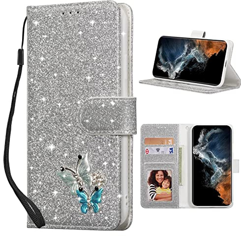 UEEBAI hopfällbart skal för Samsung Galaxy S24 Plus/S25 Plus 5G, PU läderskal glitter 3D fjäril flip fodral med kortfack skyddsfodral stativfunktion plånbok med bärband mobilskal, silver