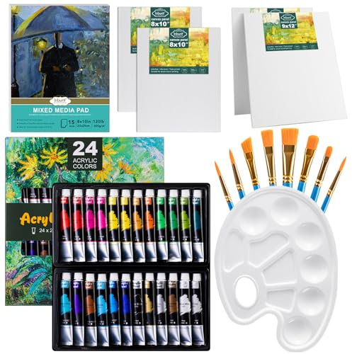Acrylic Paint Set for Adults & Kids, Painting Set - 24 Acrylic Paints, 2-Size Canvas Panels, 8 Paint Brushes, Art Supplies Set for Artist Students