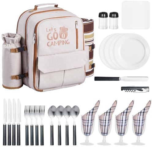 VEVOR Picnic Backpack, Beach Picnic Backpack Bag for 4 Person with Insulated Cooler Compartment, Detachable Bottle/Wine Holder, Lightweight Blanket, Plates & Cutlery Set for Outdoor, Hiking, Camping