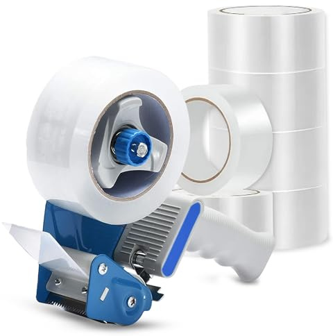 AHG Tape Gun Dispenser with 6 Rolls of Clear Packaging Tape (48mm x 66m) – Heavy Duty Packing Tape Gun for Moving Boxes, Shipping & Storage – Strong Adhesive Tape Rolls with Dispenser