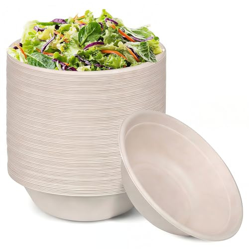 Kokoie 50 Stück Einweg Suppenschalen, 620ml Einweg Suppenschalen | Biologisch Abbaubar Pappschalen Rund Kompostierbare Starke Papierschalen für Grill Picknick Party Geburtstag Natur