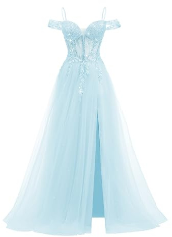 Beaded Lace Appliques Tulle Prom Dresses Long Ball Gowns for Women Formal Sky Blue Size 4