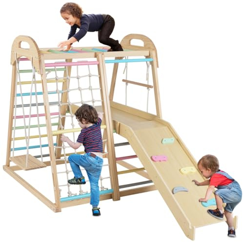 Maxmass 8 in 1 Kids Climbing Frame Set, Indoor Outdoor Children Jungle Gym with Double-sided Ramp, Swing, Rope Ladder, Climbing Ladder, Wooden Toddler Climber Playground for 3-5 Years Old (Colorful)
