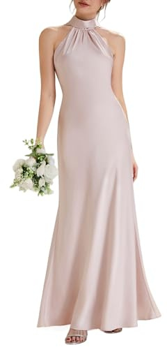 Ever-Pretty Abiti da Damigella Collo a Cordoncino Senzamaniche Satin Maxi Gonna a Sirena Rosa 48