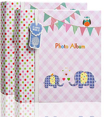 2 x Arpan 6x4 Inch Baby Slip in Case Memo Photo Album for 200 Photos Pink Elephant Kids