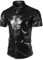 JOGAL Herren Metallic Glänzend Bronzing Nachtklub Party Hemd X-Large Schwarz