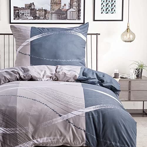 HENGWEI Bettwäsche 135x200 2teilig Set Oeko-TEX Zertifiziert, Extraweiches Bettwäsche-Sets für Einzelbett Hochwertiges Microfaser Bettbezug mit Kissenbezug 80x80cm, Grau Dunkelblau Streifen