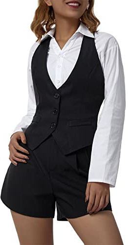 HodJIU Women Vintage Y2K Waistcoat Adjustable Slim Fit V-Neck Button Down Sleeveless Dressy Suit Vest Casual Gothic streetwear (Black A, S)