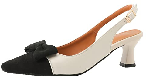 OALEEN Chaussures Escarpins Femme Petit Talon Sexy Bride Arrière Eté Style Cuir Noeud Bout Pointu Soirée Mariage Noir Beige 45