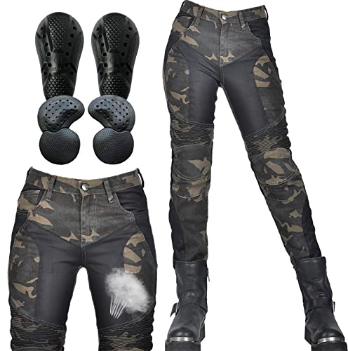 SHUOJIA Riding Trousers for Women - Stylish and Durable Motorcycle Jeans Camouflage Denim Pants with Breathable Mesh and Removable Hip & Knee Protectors(Green,4XL)
