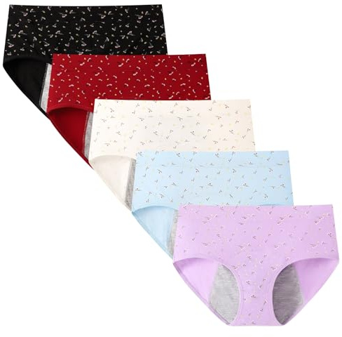 Anntry Women Period Pants Mid-High Waist Postpartum Underwear Leakproof Menstrual Cotton Knickers Pack of 5 (Must Wear with Pad or Tampon)