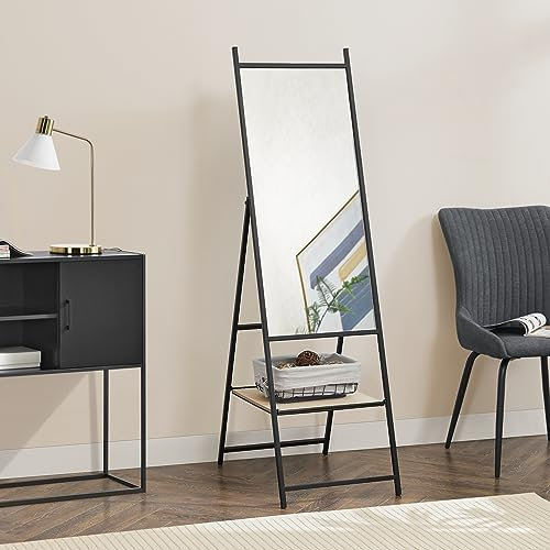 [en.casa] Standspiegel Chamois Ganzkörperspiegel 150 x 44 x 60 cm Ankleidespiegel Schwarz/Eicheoptik bodenstehend mit Einer Ablage