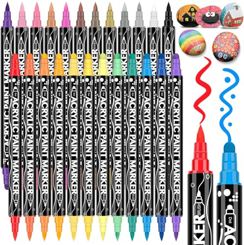Maqhpu Steine zum Bemalen Stifte Wasserfest, 24 Farben Acrylstifte, Acrylstifte für Steine Wasserfest, Dual Tip Acrylmarker Multimarker für Holz, Glas, Keramik, Leinwand, Basteln Kinder Erwachsene