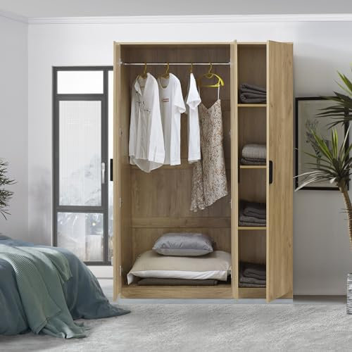 [en.casa] Kleiderschrank Eiselfing Schrank mit 3 Türen Garderobenschrank 176 x 120 x 52 cm Schlafzimmerschrank 1 Kleiderstange 4 Fächer Eicheoptik