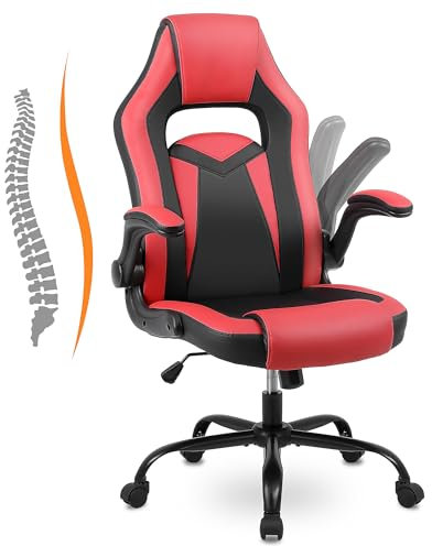 Youhauchair Gaming Chair, Computer Chairs with Fold-up Armrests, Ergonomic Gaming Chair Made of PU Leather, Gaming Chair for Adults, Red/Black