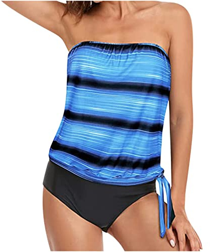 Bandeau Swimsuits for Women with Shorts UK Two Piece Strapless Tankini Sets Tummy Control Swimwear Vintage Print Swim Tank Top & Shorts High Waist Bathing Suit Swimming Costumes Ladies Blue