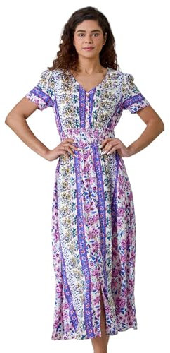 Roman Originals Shirred Empire Waist Dress for Women UK Ladies Midi Maxi Summer Spring Tiered Frill Hem Short Sleeve V Neck Button Through Boho Bohemian Holiday Cruise - Purple & White - Size 12