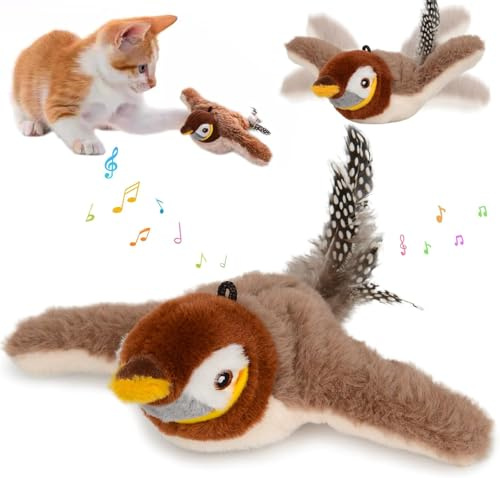 Flapping Bird Cat Toy, Interactive Bird Cat Toys for Indoor Cats, Simulated Flying Chirping Bird Cat Toys with Catnip, Rechargeable Plush Flapping Birds for Kittens Chase Bite Chew