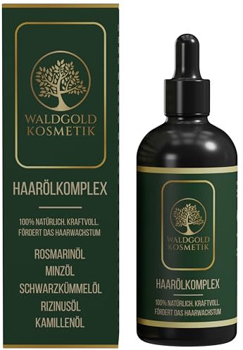 Waldgold Kosmetik Haarölkomplex aus Rosmarinöl, Minzöl, Rizinusöl, Schwarzkümmelöl und Kamillenöl — Haaröl für Haarwachstum als Haarkur oder Haarmaske 100 ml (Haarwuchsöl)