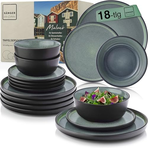 SÄNGER Malmö VALUE Collection porslinsservis i 18 delar för 6 personer, 6 mattallrikar, 6 flingskålar, 6 desserttallrikar, 6 x desserttallrikar, mörkgrön och reptålig