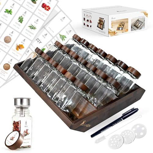 SAEIV Bocaux À Épices Carrés Avec Étagère En Bois D'Acacia 2-En-1 (FCM®) - Lot De 21X120Ml Saupoudreuses, 120 Étiquettes, Compatible Position Debout & Tiroir - Organisateur Avec Insert Distributeur