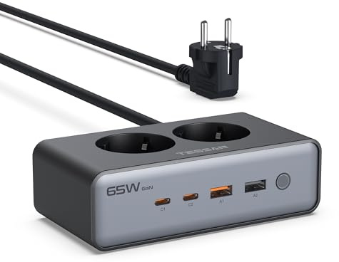 TESSAN Mehrfachsteckdose mit USB, 6 in 1 Steckdosenleiste Überspannungsschutz, 4000W Steckerleiste mit Schalter, GaN PD 65W USB C Schnellladen, 1,5m Verlängerungskabel, für Handy, Tablet, Laptop