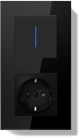 BSEEDLIFE Enchufe con Interruptor,Interruptor Pared Conmutador Empotrado con Marco de Cristal con LED Indicador,1 Gang 2 Vías,Fácil Instalación Diseño de Gancho de Garra 157 * 86mm Negro