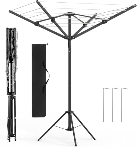 Vivo Technologies 4 Arm Rotary Washing Line Freestanding Portable Rotary Airer,16m Camping Washing Lines with 3 Legs and Carry Bag, Foldable Rotating Airers Dryer Clothes Airer for Outdoor Caravan
