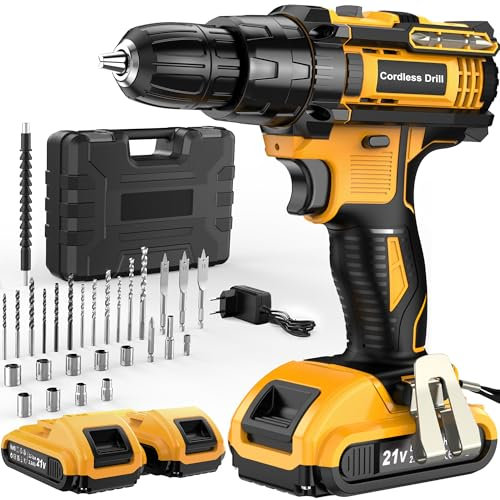 AKZWOXRO Taladro Percutor a Bateria 21V, Taladro Atornillador Bateria con 2x2.0Ah Baterías, Atornillador Electrico 42Nm, 25+3 Ajuste de Par, 30 Accesorios, LED Luz Para Hogar, 2 Velocidad, Bricolaje