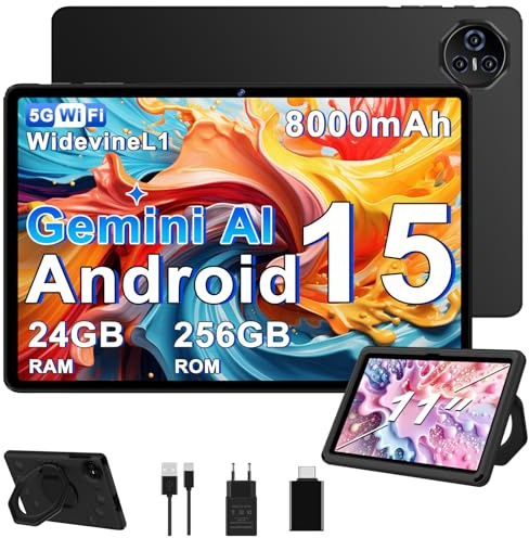 BIEGEDY 2026 último Tablet 11 Pulgadas Android 15 Gemini AI, 24GB RAM+256GB ROM 2TB/TF Octa-Core 8000mAh, GMS, 5MP+13MP, 5G WiFi, Facial ID, Tablet Niños Negro EVA Funda Protectora