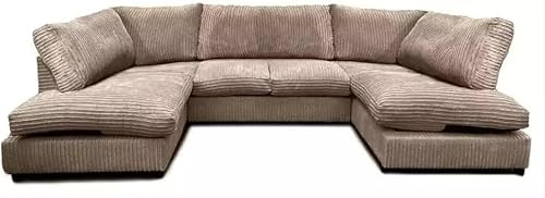 Jumbo Cord U Shaped Sofas - Washable Fabric Corner Sofa Grey - Comfortable 3 and 2 Seater Scatter Back - Large U Shape Bishop Modular Settee - Sofa Bed for Living Room Lounge (Camel, Highback)