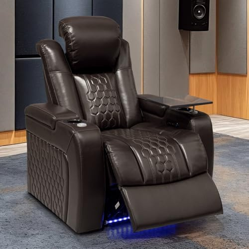 NMXUXMN Home Theater Seating,Top-Grain Leather Recliner Sofa, Zero Gravity Power Reclining Couch with Ambient LED Lights, Cup Holders & USB, Tray Table-Single Coffee