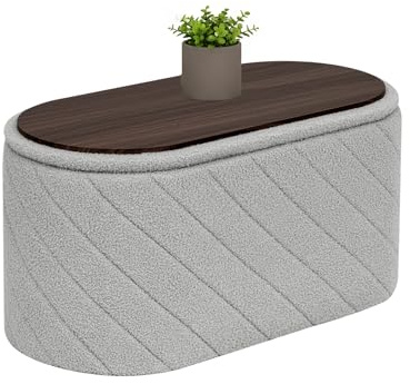 Bonlife Ovala Ottomanbänk med förvaringsutrymme, vikbar fotpall med lock, boucle-bänk för fotänden av sängen, pall för vardagsrum, sovrum, entré, grå, 76 x 38 x 38 cm