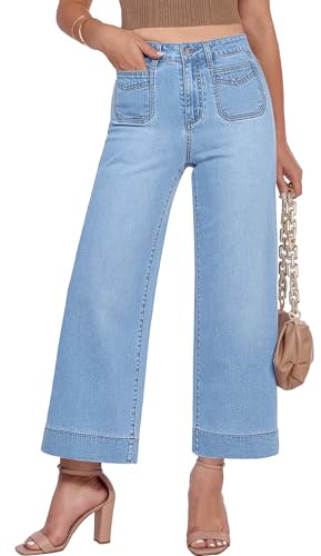 GRAPENT Summer Pants for Women Stretch Jeans Womens Jean Wide Leg Woman Trendy Cropped Wide Leg Cropped Jeans, Seaside Blue, S, US Size 4 to 6