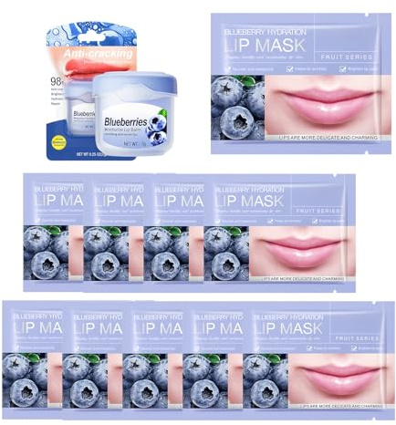 10 Unidades Mascarilla Labial de arándano+crema de labios, Tratamiento Nocturno Hidratante y Nutritivo, Reduce Arrugas y Mejora el Tono de los Labios, 10PCS LIPMASK+LIP BLAM (Blueberry)