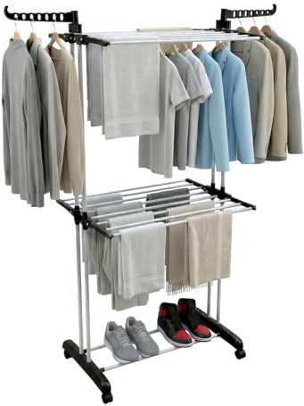 JF HOME BLISS Large 2-Tier Clothes Airer Drying Rack Heavy Duty Foldable Stainless Steel Clothes Horse with Wheels Adjustable Laundry Drying Rack for Indoor Outdoor Use Balcony Laundry Room (Black)