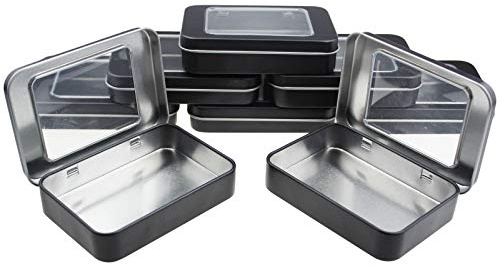 Goodma 8 Pieces Rectangular Metal Empty Hinged Tins, Black | Home Storage Containers Organizer, Mini Box, Clear Window Lid, 10 x 7 x 2 cm