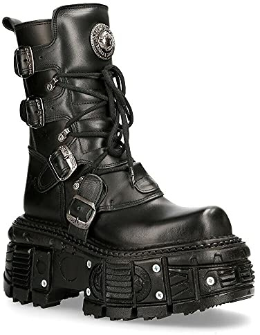 NEW ROCK TANK373-S1 Botas Unisex con Plataforma de Cuero Negro Estilo Motociclista Gótico