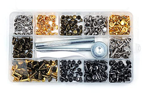 CENPEK 180 Set 3 Sizes Leather Rivets Single Cap Rivet Tubular Metal Studs with 3 Pieces Fixing Tool for DIY Leather Craft Rivets Replacement