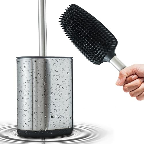 Bamodi Escobilla de baño con soporte y tapa, acero inoxidable con protección contra salpicaduras, juego de escobilla de inodoro con cabezal de repuesto, soporte para escobilla de inodoro de pie