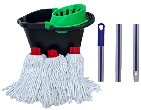 Fregonas con Cubo y Palo • Pack de Ahorro Limpieza • 3 Fregonas Algodon • Cubo de Fregona con Escurridor • Palo de Fregona