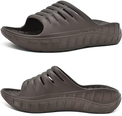 KuaiLu Mens Recovery Sandals Sport Comfort Arch Support Cushion Athletic Sliders Orthotic Plantar Fasciitis Open Toe Wide Width Thick Foam Sandles Summer Pool Beach Slippers ALL Brown Size 9