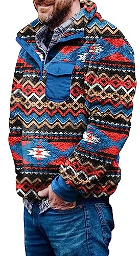 Herren Aztec Fleece Pullover Fuzzy Sherpa Fleecejacke Button down Sweatshirt Warm Vintage Sweatpullover mit Tasche für Männer, Navy Blau, L