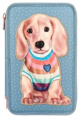Depesche 12561 TOPModel City Girls - Gefüllte 3-Fach Federtasche mit Hunde Motiv, Federmäppchen mit Buntstiften, Lineal, Schere uvm.
