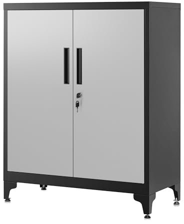 SONGMICS Aktenschrank, Mehrzweckschrank, Büroschrank mit 2 Türen, Schrank abschließbar, Aufbewahrungsschrank aus Stahl, für Arbeitszimmer, Wohnzimmer, silbern-Mattschwarz OMC013S01